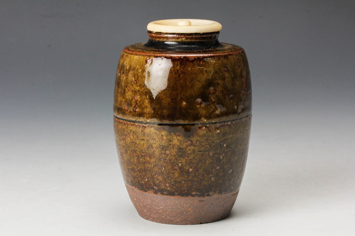 茶道具 丹波立杭焼 市野信水作 丹波焼肩衝茶入鴛鴦金襴