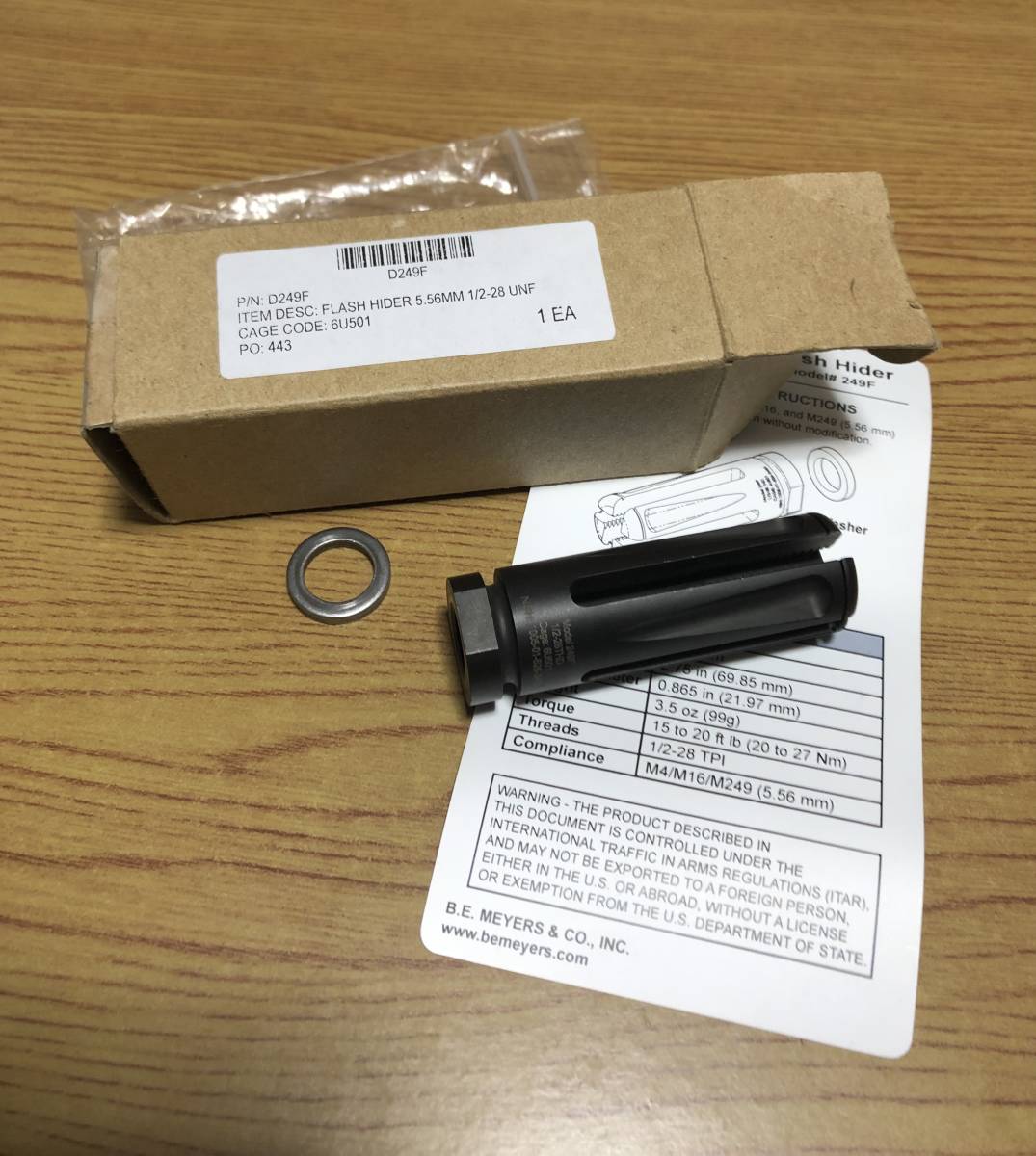 実物 B.E. Meyers 249F フラッシュハイダー 5.56mm NSN付 ② ビーメイヤーズ PTWトレポンARハイダー ...
