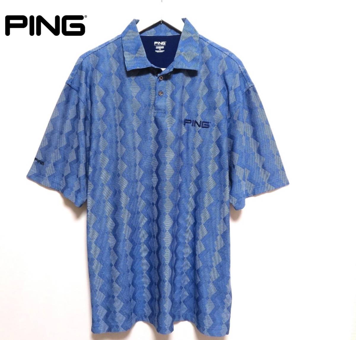 未使用に近い極美品 PING ピン ドライポロシャツ 総柄◆幾何学デザイン 半袖トップス メンズ ゴルフウエア XLサイズ相当 吸汗速乾 春夏物