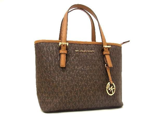 1円 MICHAEL KORS マイケルコース MK柄 PVC×レザー ハンドバッグ トートバッグ レディース ブラウン系 AK8338(その ...