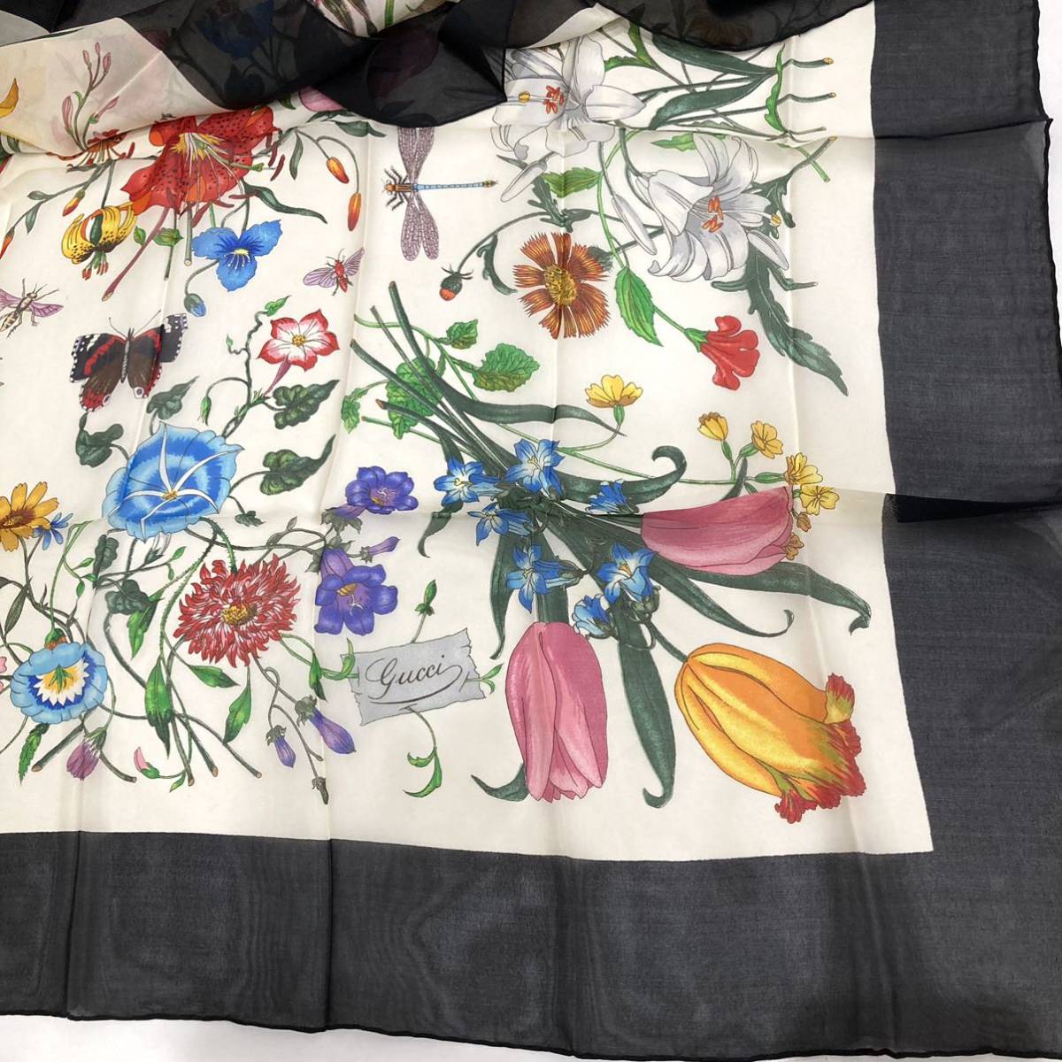 ☆GUCCI グッチ 大判スカーフ シルク100％ 花柄 黒 レディース (.N89