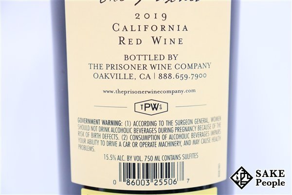 □注目! ザ・プリズナー 2019 カリフォルニア 750ml 15.5％ アメリカ