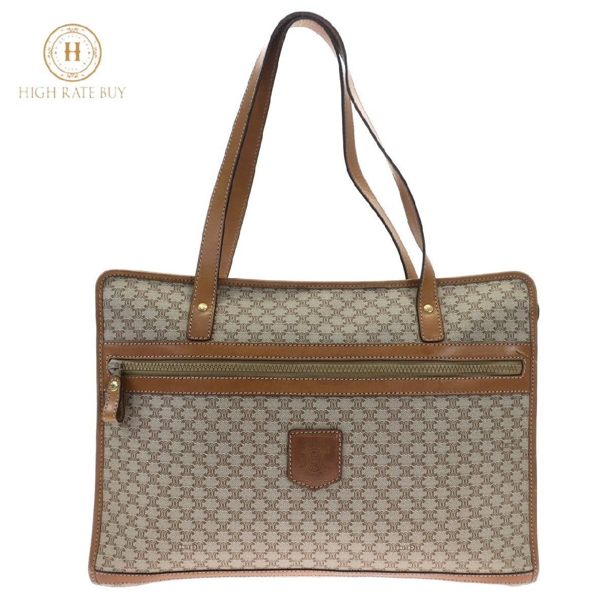 1円スタート CELINE セリーヌ マカダム柄 トートバッグ ショルダーバッグ 手提げ 肩掛け ゴールド金具 PVC レザー ブラウン レディース