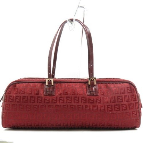 64193★1円スタート★FENDI フェンディ 中極美品 ズッキーノ柄 ハンドバッグ ナイロンキャンバス レザー レッド レディース
