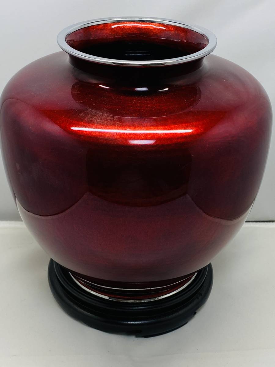 赤透四君子文 七宝焼 花瓶 台付 21cm 七宝焼 赤透明釉 四君子文