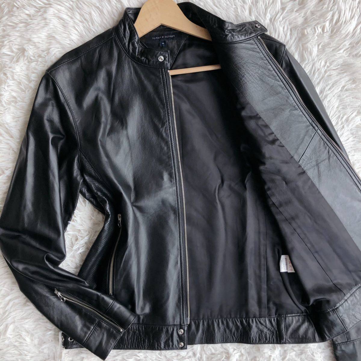 極美品！TOMMY HILFIGER シングルライダース ラムレザージャケット 羊革 メンズ トミーヒルフィガー 革ジャン 大きめ Mサイズ ブラック 黒
