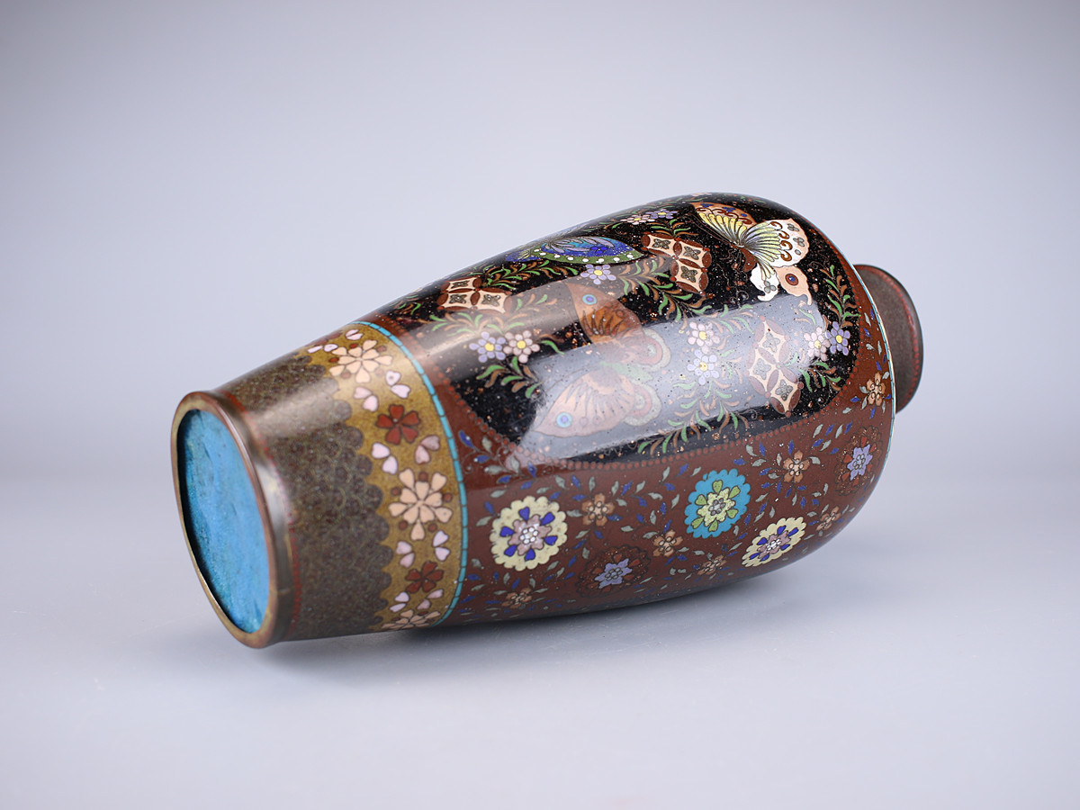 CA537 明治時代 銅胎七宝 花蝶鳳凰紋 大花瓶 高31㎝／箱付 時代の
