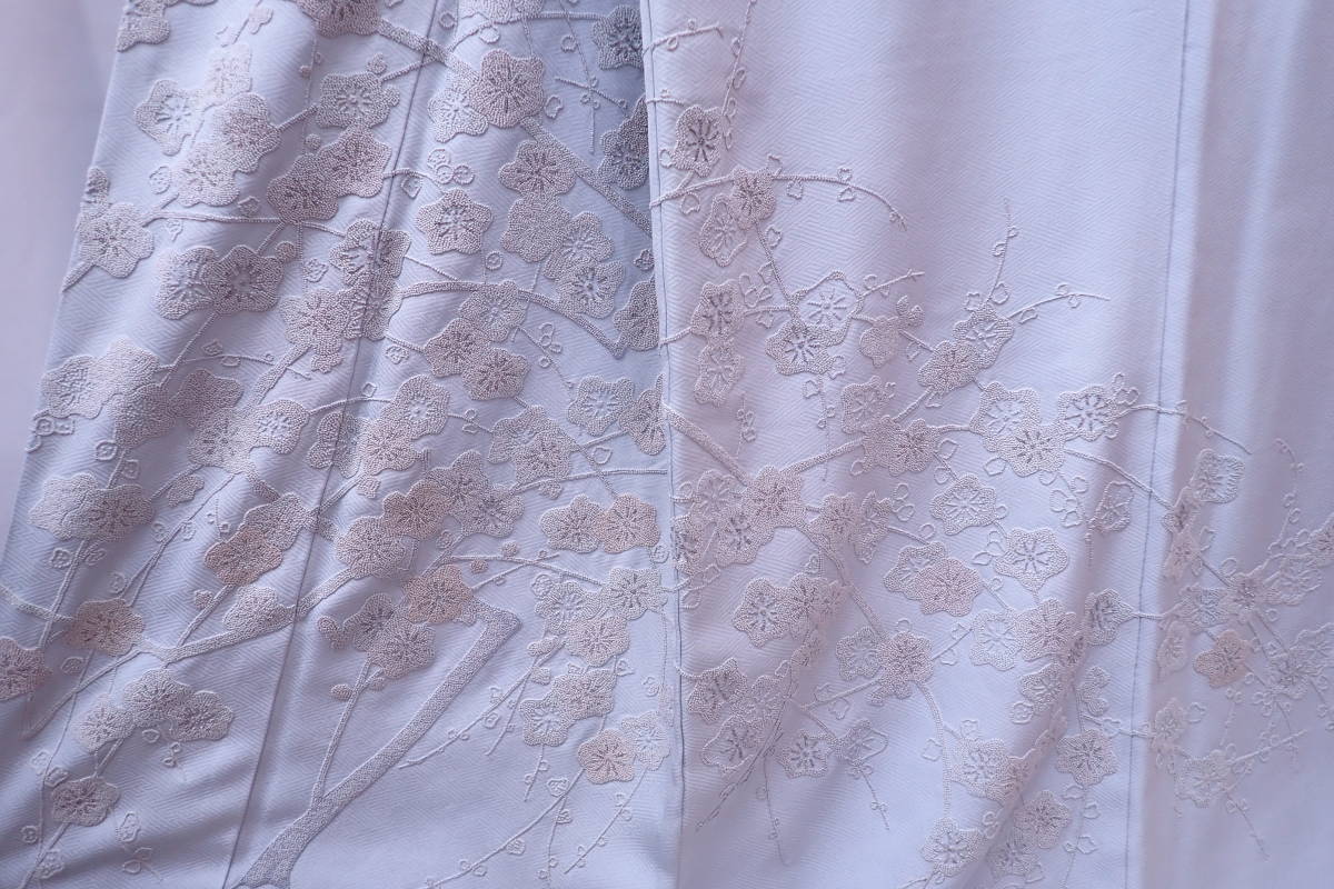 訪問着 中国三大刺繍 相良刺繍 水色 比翼付 梅花文 着丈158cm 汕頭