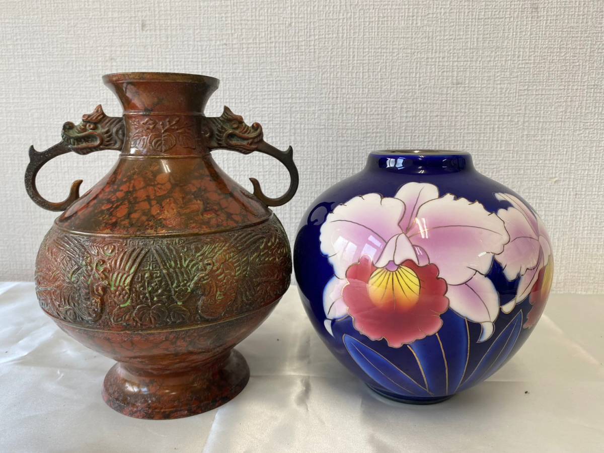 ii4107100/特殊新合金製 花瓶 七宝 KOKUSUI セット 銘入 在銘 鋳銅