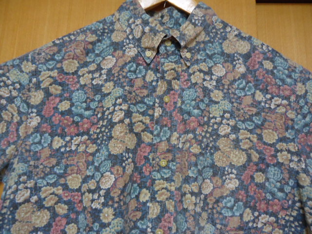 即決　ハワイ　reyn spooner　レインスプーナー　アロハシャツ　紺色　花・葉っぱ柄　Ｌ17