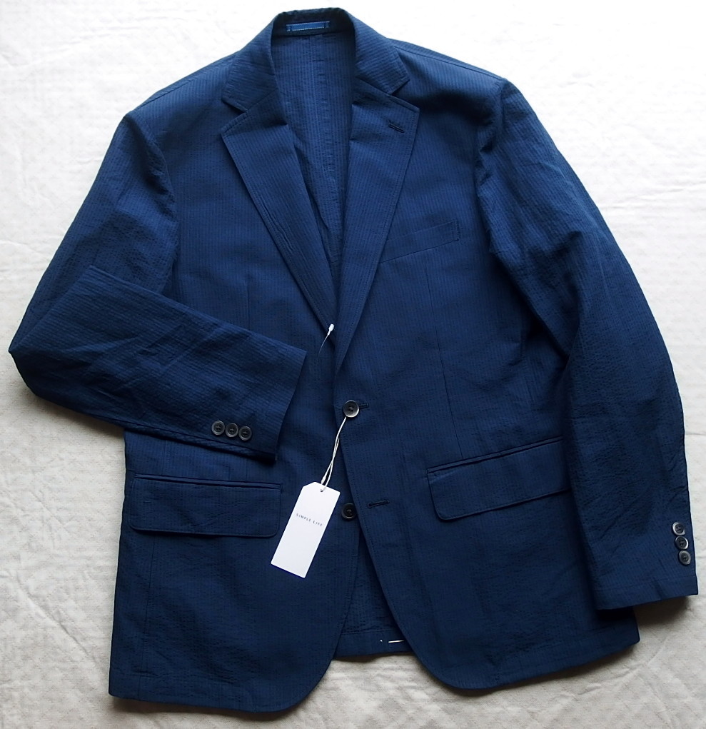 □新品 SIMPLE LIFE 夏秋アイリッシュリネン麻ジャケット 紺/シア