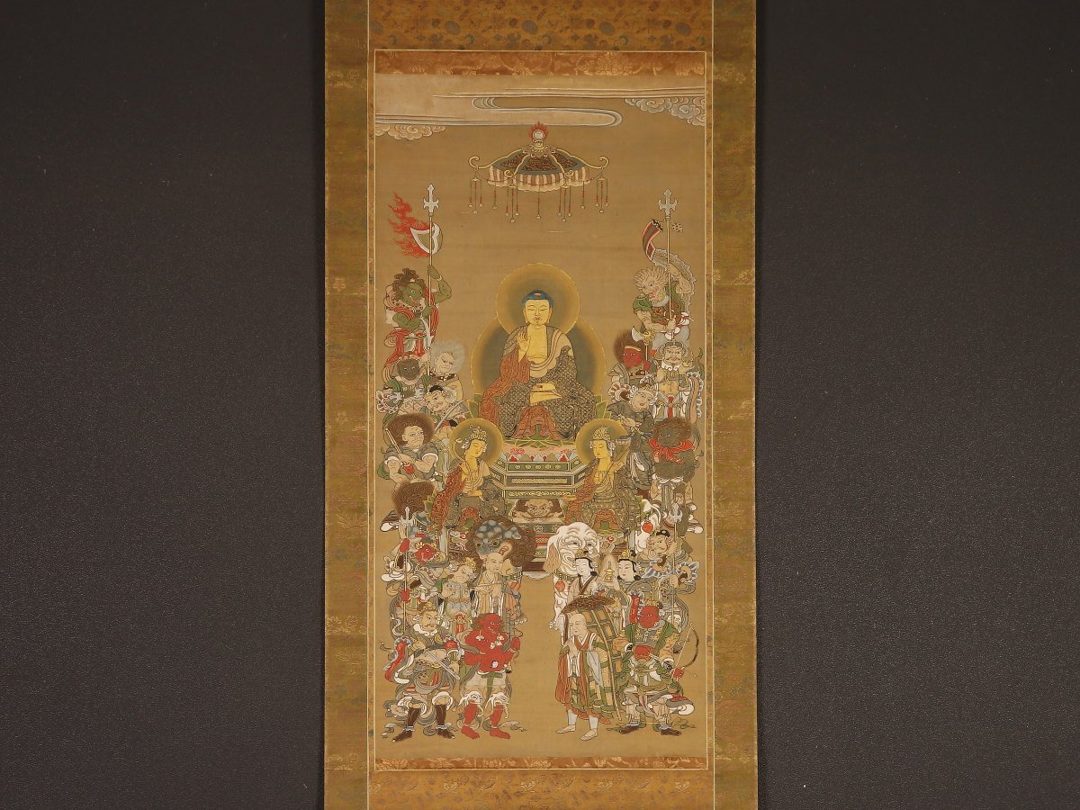 伝来】同一寺院旧蔵品⑨ ek7114 仏画 釈迦三尊十六善神図 中国画 釈迦