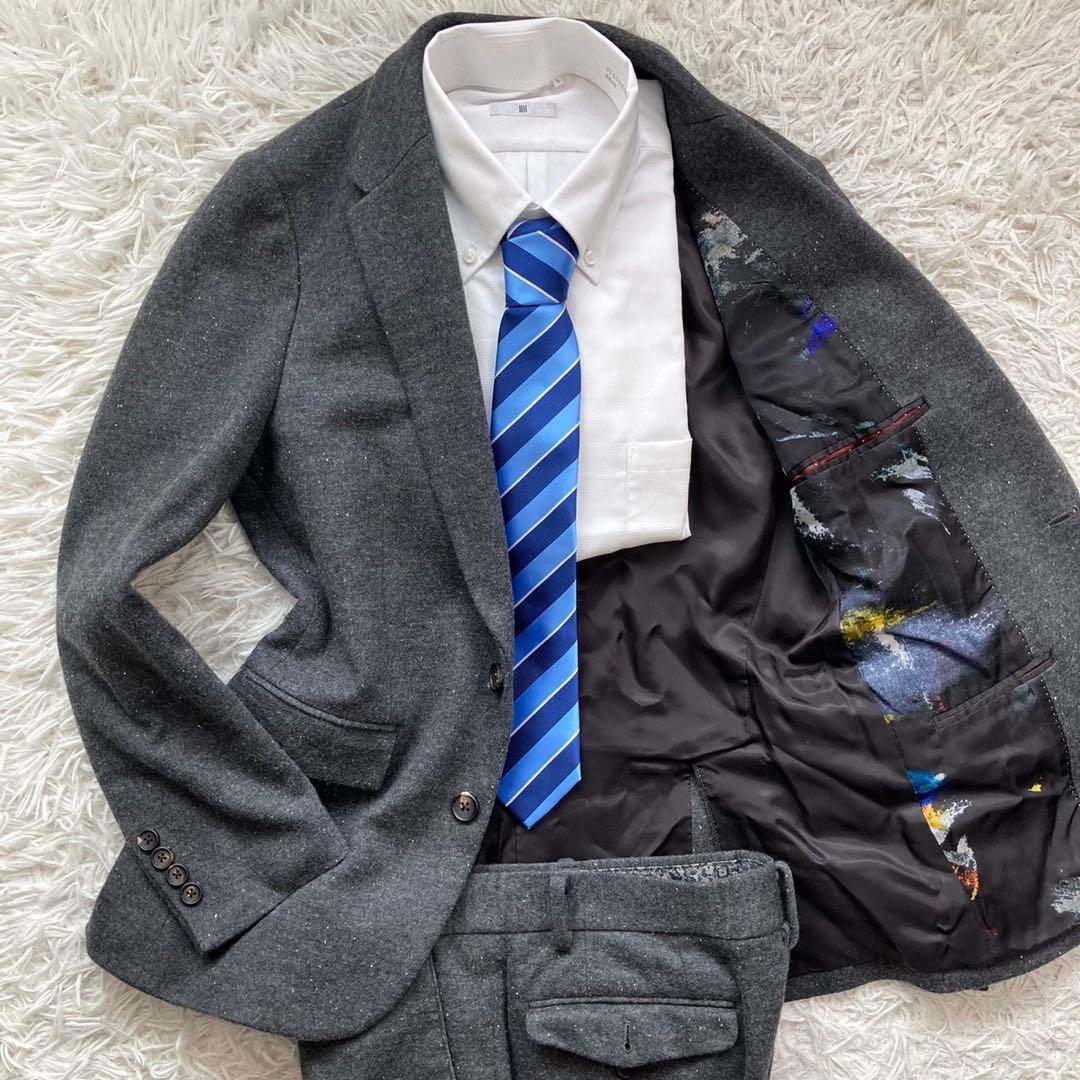 ポールスミス【裏地で見せる大人のオシャレ】PaulSmith スーツ セットアップ S-Mサイズ ギャラクシー柄 チャコールグレー メンズ