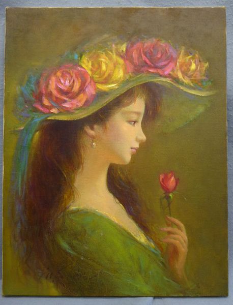 進 徹■花飾りの帽子の女性■油彩■額付絵画 ○油絵○進 徹 『花帽子』 F6号 【美人画】(人物画)｜売買された