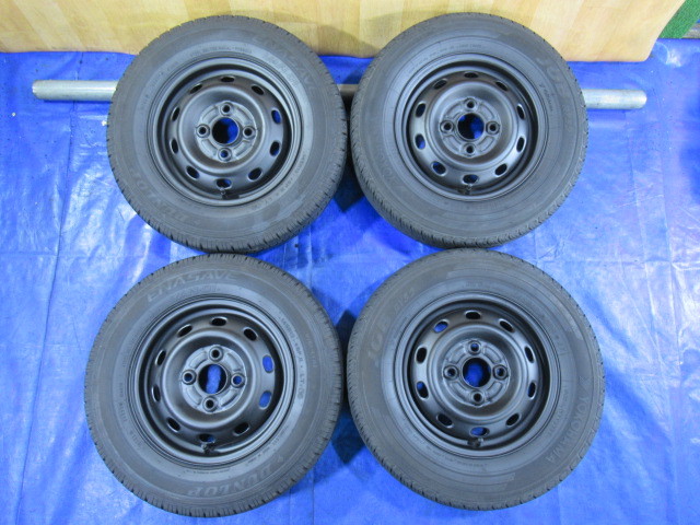 激安即決！マッドブラック 鉄ホイール スバル純正 12-4B 4H/100 ET40 + 145R12 6PR LT 2021/22年製！中古4本！サンバー等/軽トラ！T006978