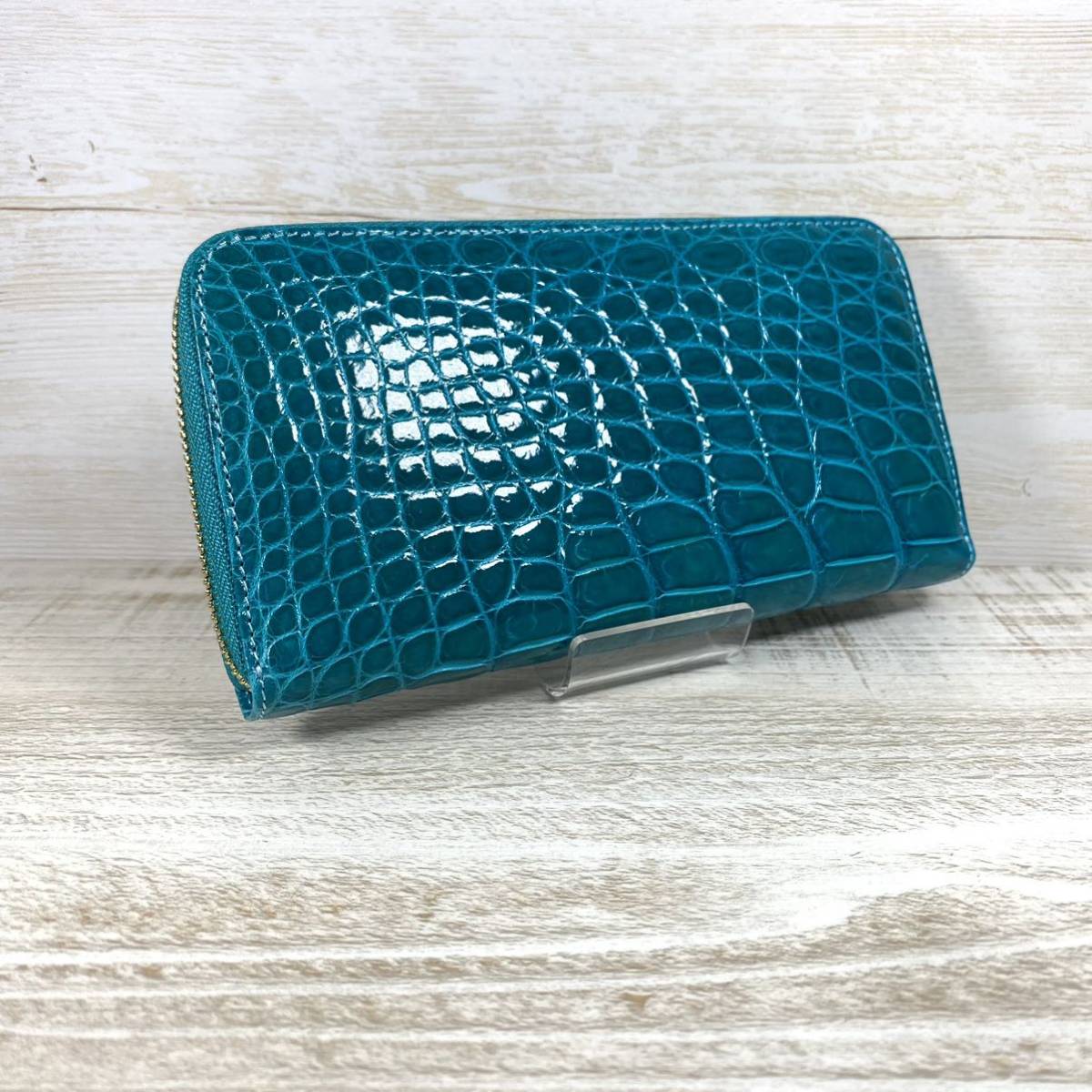 クロコダイル 長財布 ターコイズブルー 本物 シャイニング加工