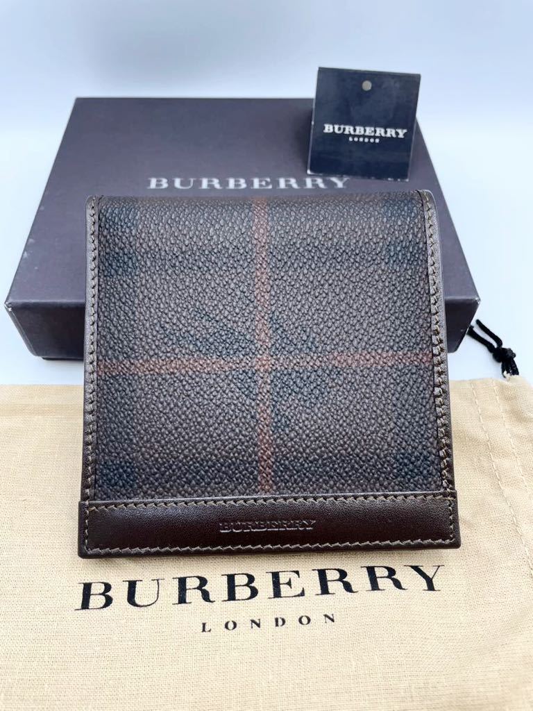 未使用品　バーバリー　二つ折り財布　ダークブラウン × チェック　小銭入れ無し　PVC メンズ　カードケース　札入れ