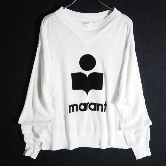 C0623f1　▼ISABEL MARANT ETOILE イザベルマラン エトワール▼　フロッキープリント ロゴ リネンニット ホワイト M 白 サマーニット 春夏