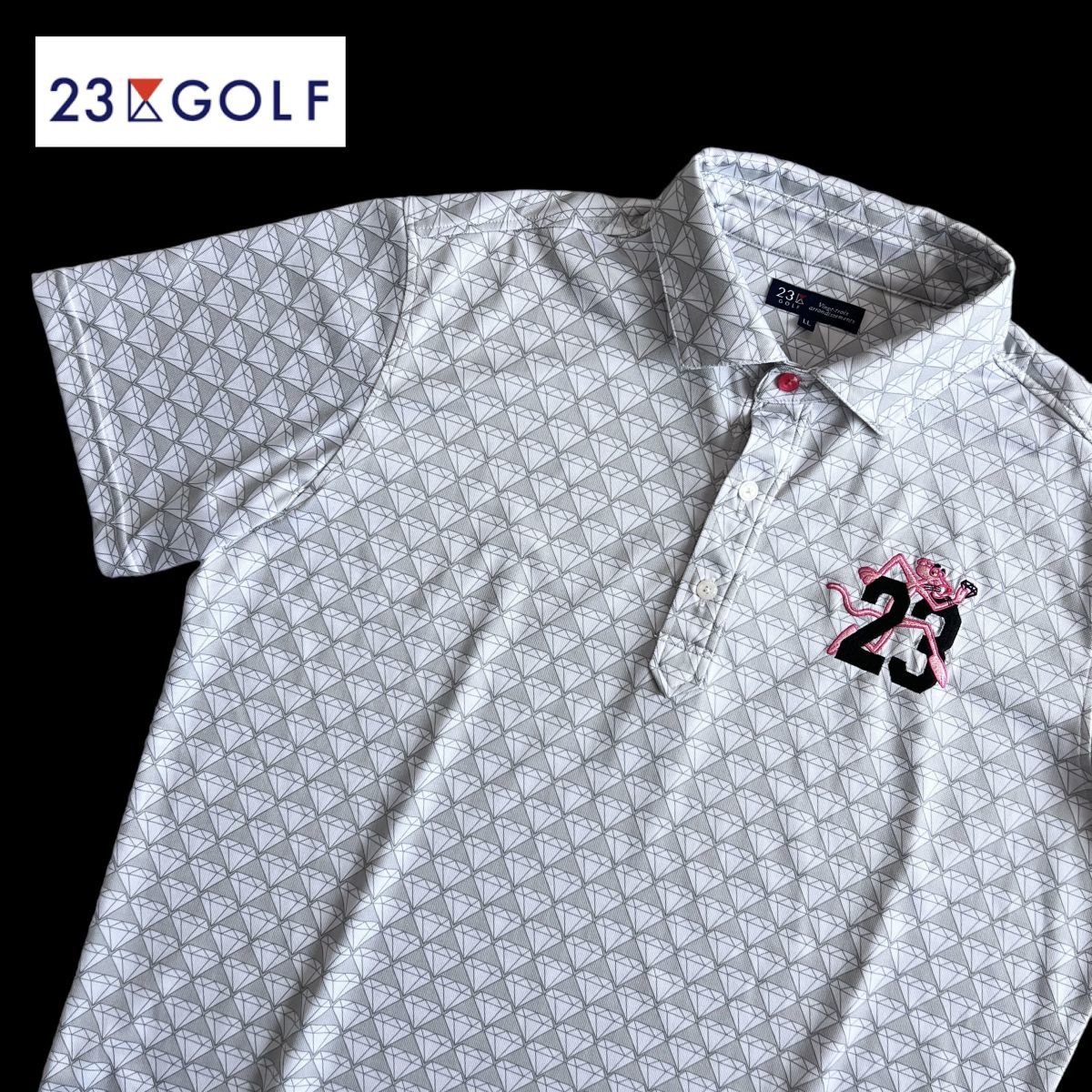 新品同様 完売品 ☆ 23区GOLF × pink panther コラボ 半袖 ポロシャツ LL サイズ メンズ グレー ダイヤ柄 総柄 ゴルフウェア 吸汗速乾