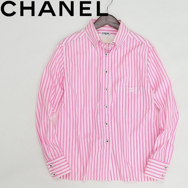 ヴィンテージ●CHANEL シャネル ココ CC ボタン&胸刺繍 ボタンダウン ストライプ シャツ ピンク×ホワイト