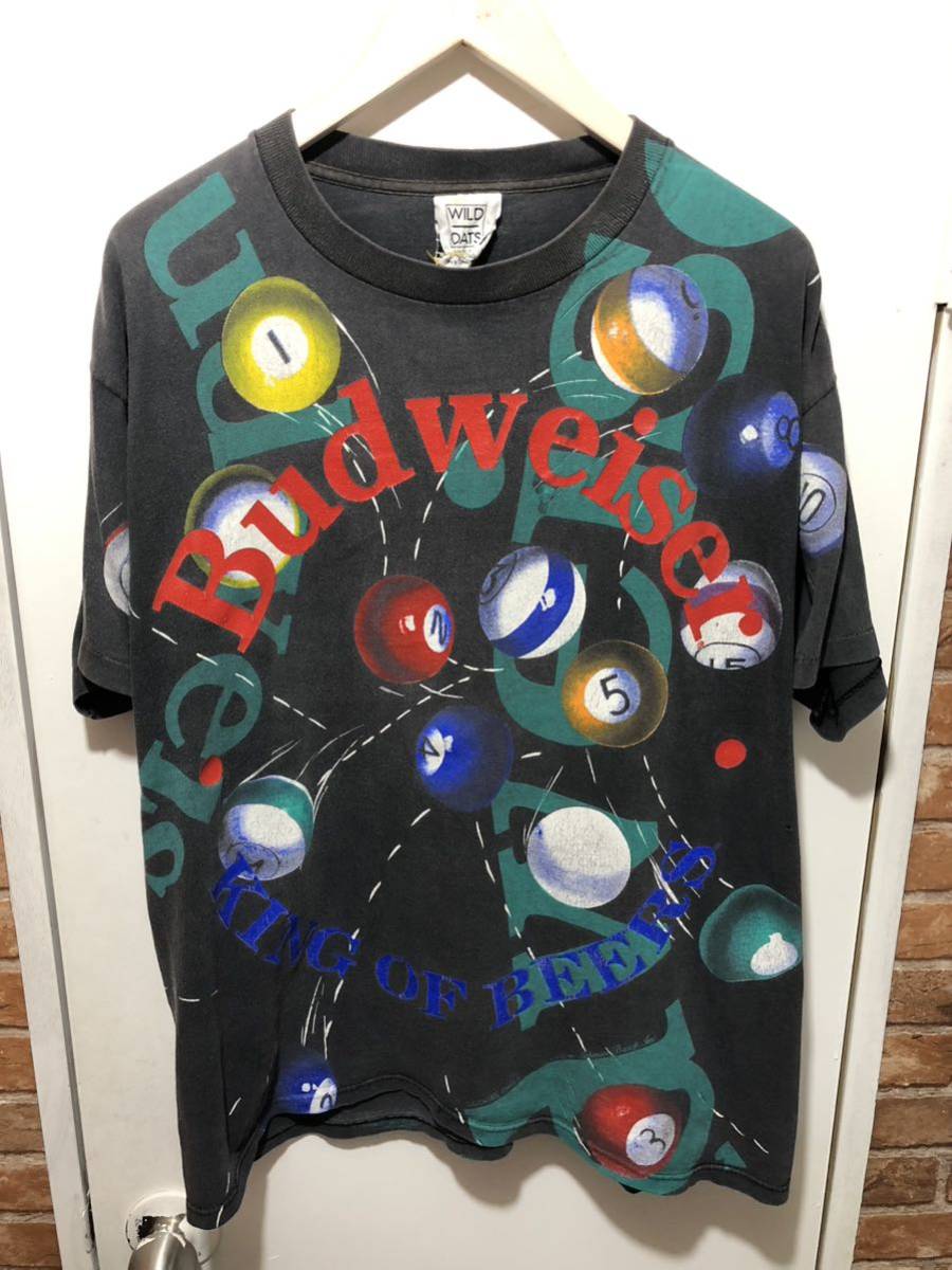 USA製 ビンテージ Budweiser バドワイザー 総柄 オーバープリントTシャツ サイズL ブラック　FK