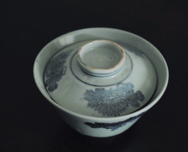 特別出品】波佐見 青磁 くらわんか 古印判 菊花文 蓋茶碗 / 古民芸