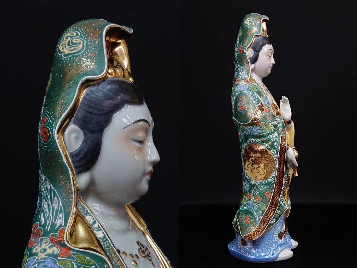 □九谷焼 菊仙 色絵金彩 観音菩薩像 高43.5cm 重2302g 仏教 仏陀 □九谷焼 菊仙 色絵金彩 観音菩薩像 高43.5cm 重2302g 仏教 仏陀