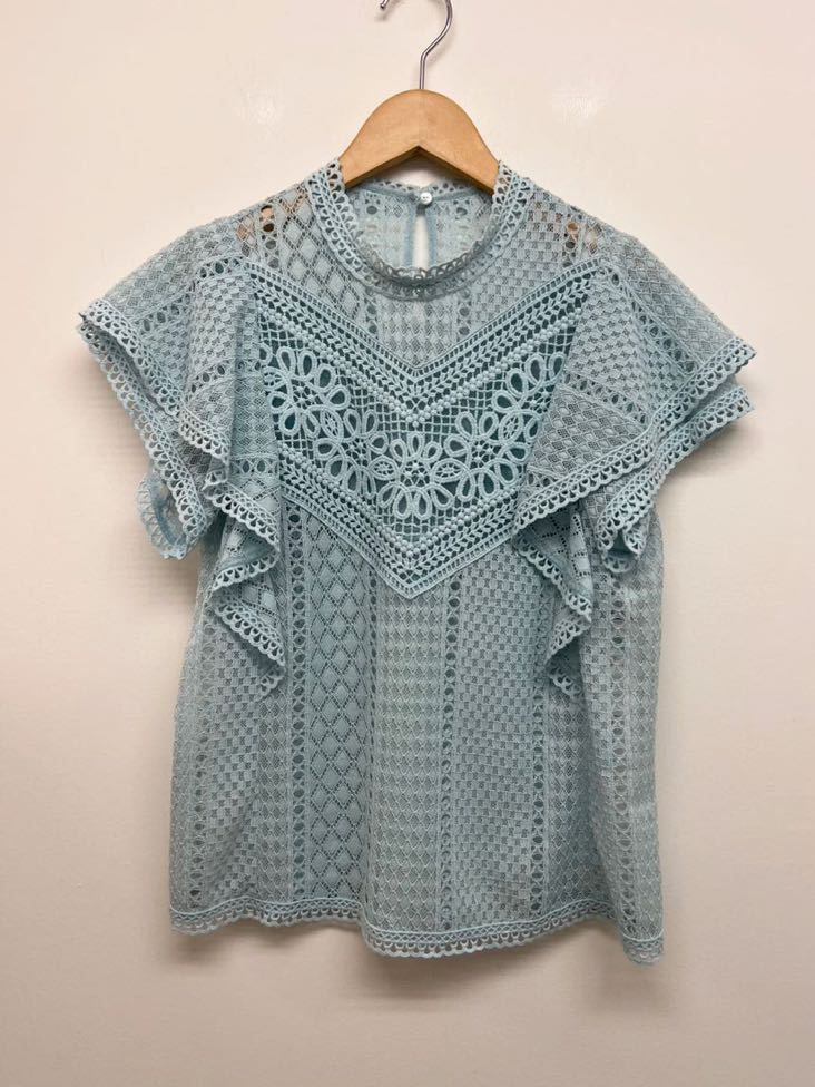 712☆ANAYI アナイ☆タグ付き未着用 キカレーススタンドネックブラウス【36】サックス