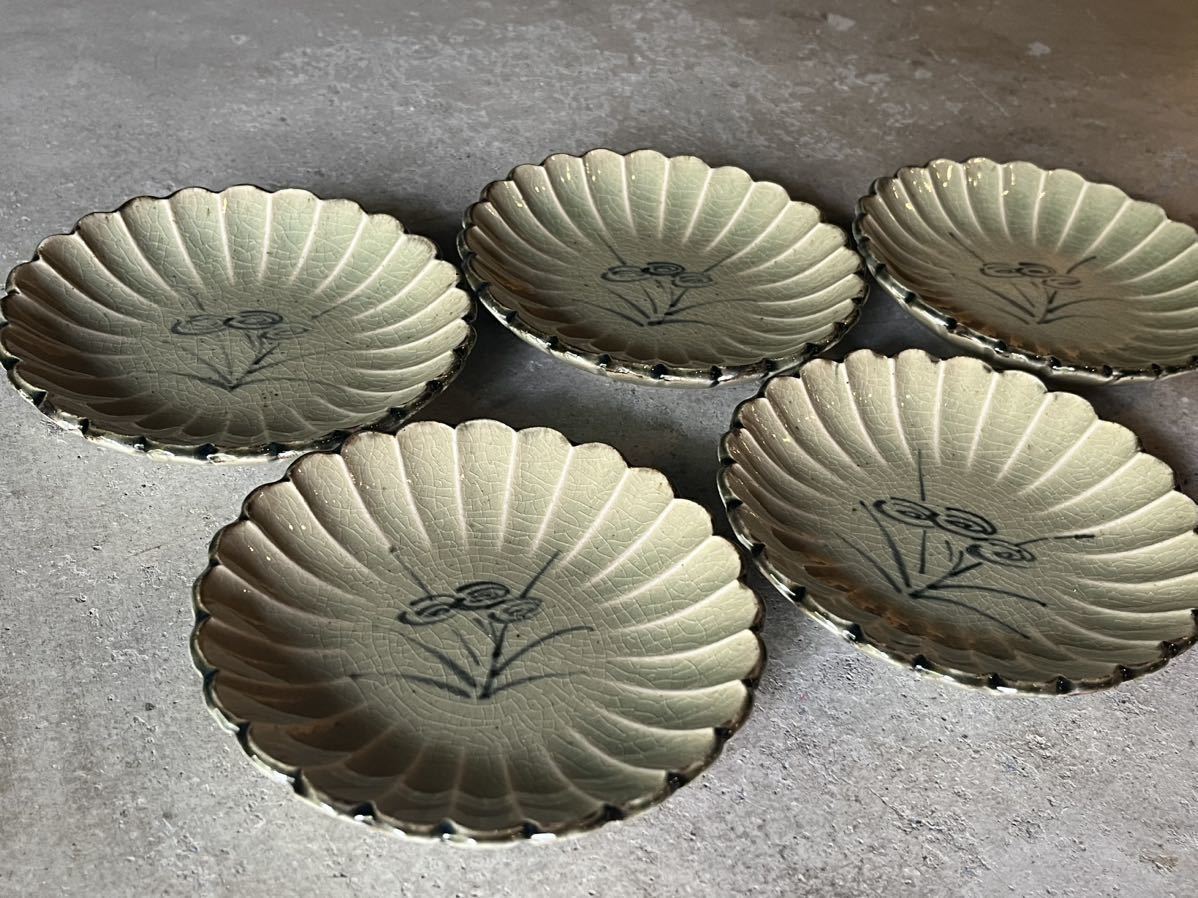 □人間国宝 加藤卓男 幸兵衛窯 御深井釉 菊皿 五客 共箱