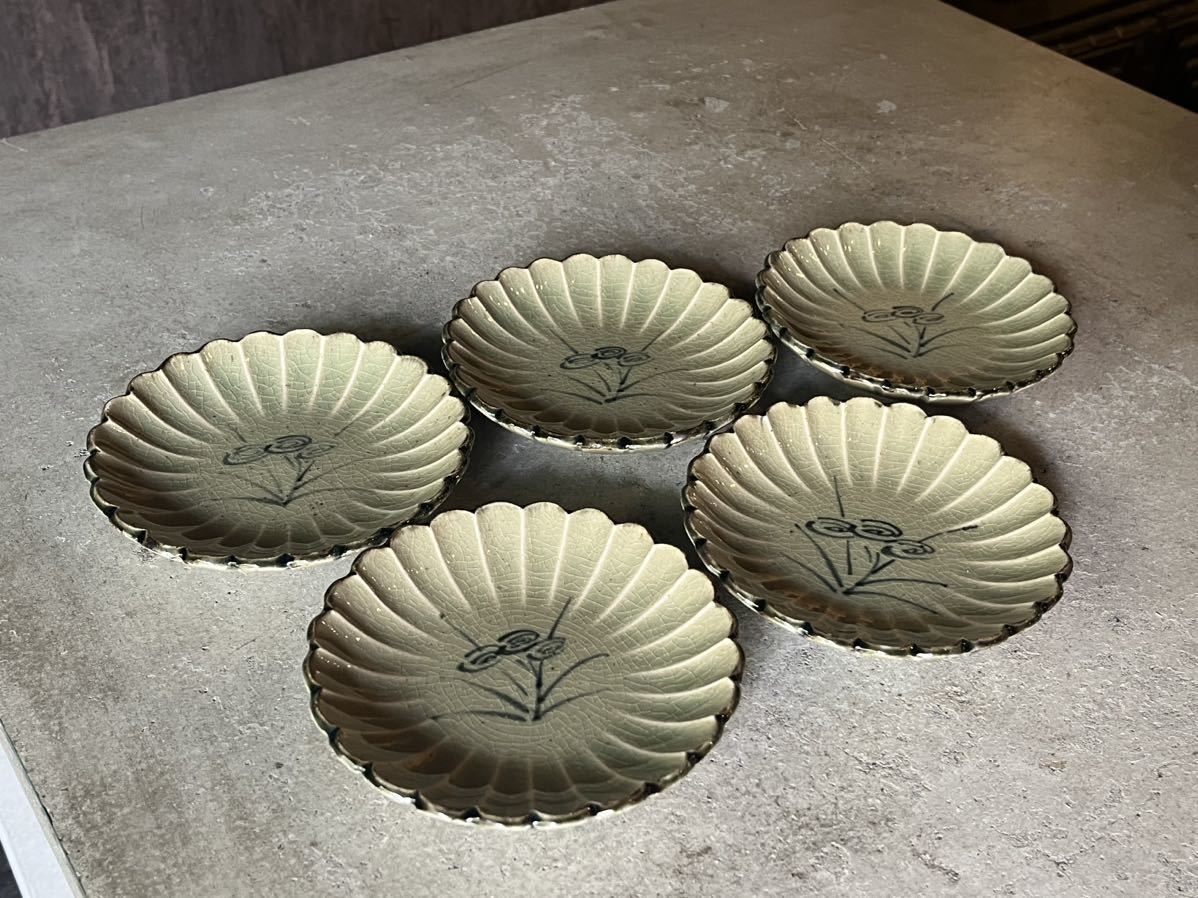 □人間国宝 加藤卓男 幸兵衛窯 御深井釉 菊皿 五客 共箱