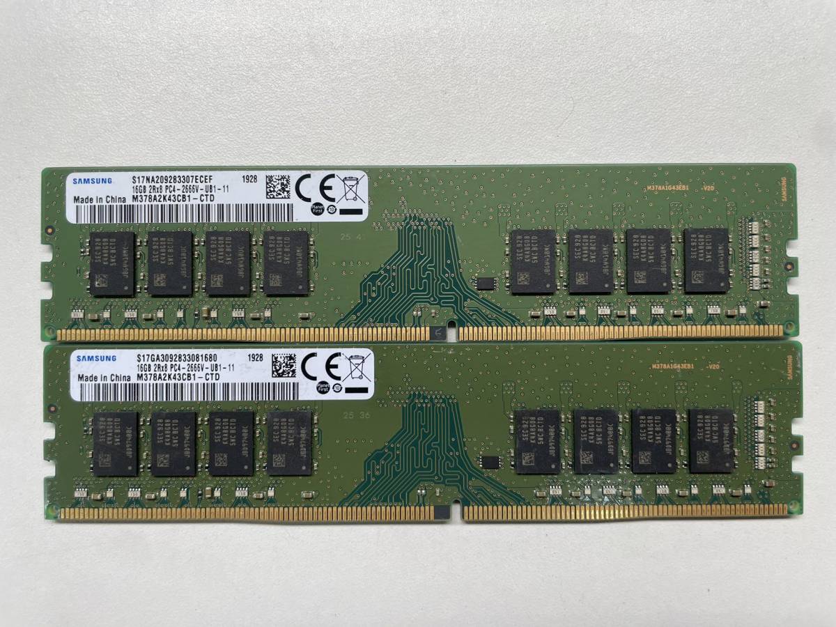 SAMSUNG 2R×8 PC4-2666V DIMM 16GB 2枚組 1セット 32GB DDR4 デスクトップ用メモリー 中古 16GB×2枚 合計32GB 動作確認済み ◆Z43