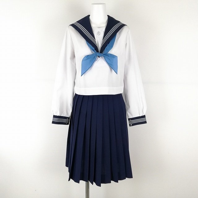 1円 セーラー服 スカート スカーフ 上下3点セット 165A 夏物 白3本線 女子 学生服 東京共立女子中学 白 制服 中古 ランクC NA9505