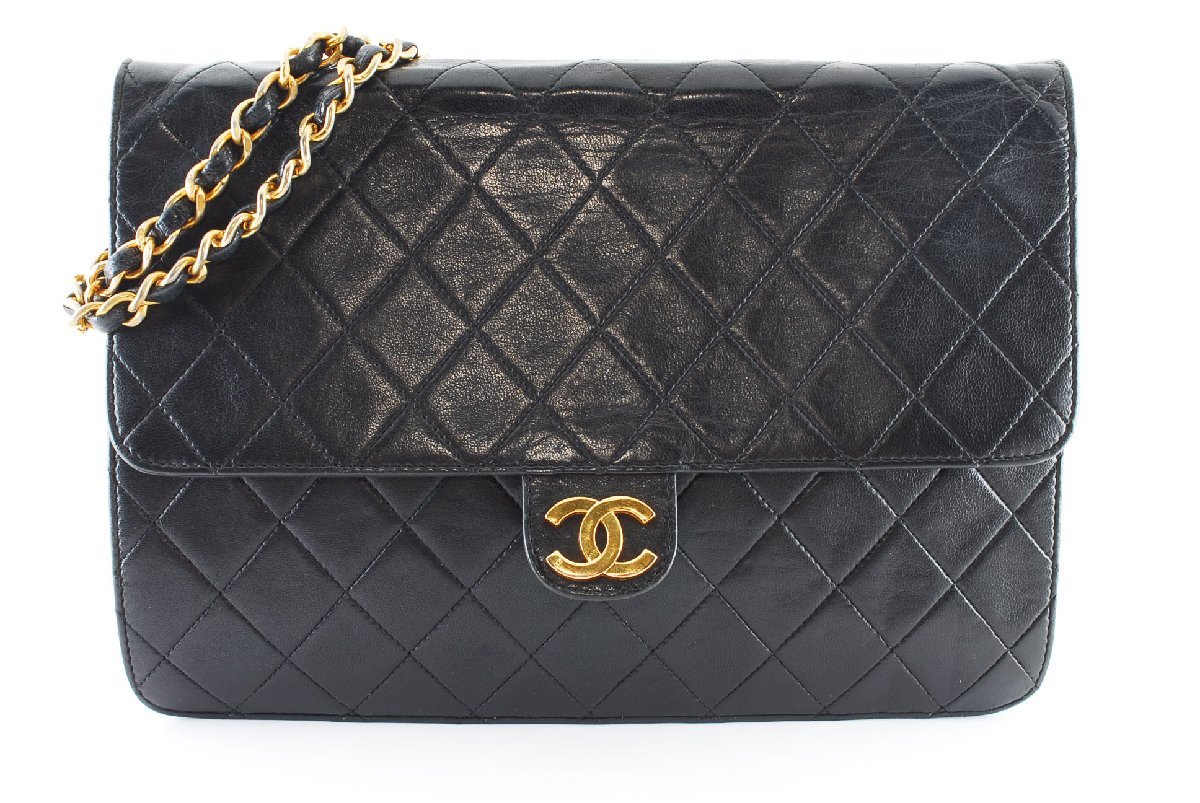 美品 シャネル ラムスキン プッシュロック チェーン ショルダーバッグ ブラック CHANEL