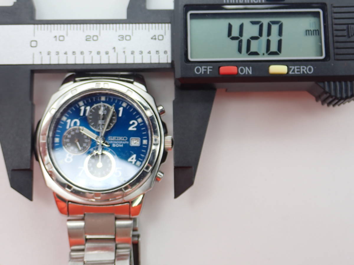 1円 稼働品 SEIKO セイコー QZ 7T92-0CA0 青文字盤 クロノグラフ 50M 
