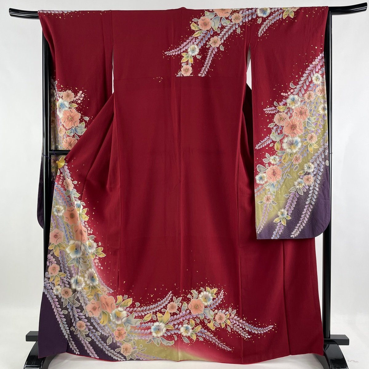 振袖 名品 辻が花 金彩 染め分け 赤 袷 身丈167.5cm 裄丈66.5cm M 正絹 【