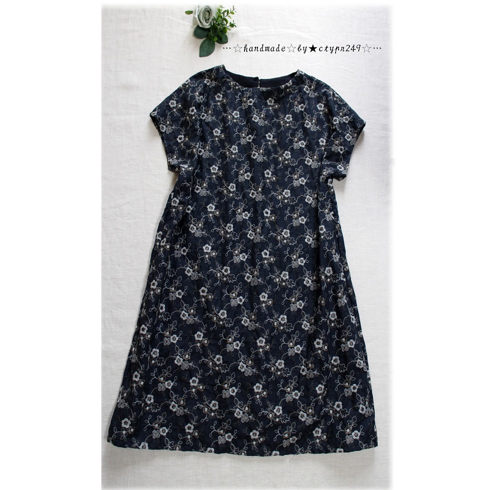 hand　made♪cottonローンflower総刺繍フレンチスリーブチュニック丈OP♪