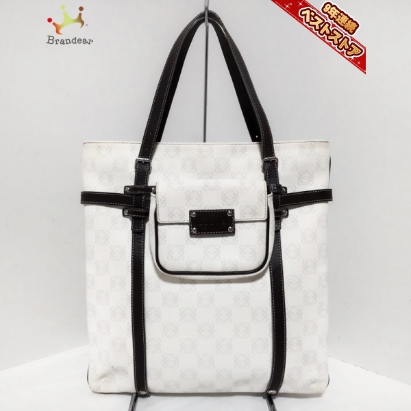 ロエベ LOEWE トートバッグ アナグラム柄 PVC(塩化ビニール)×レザー 白×ダークブラウン バッグ