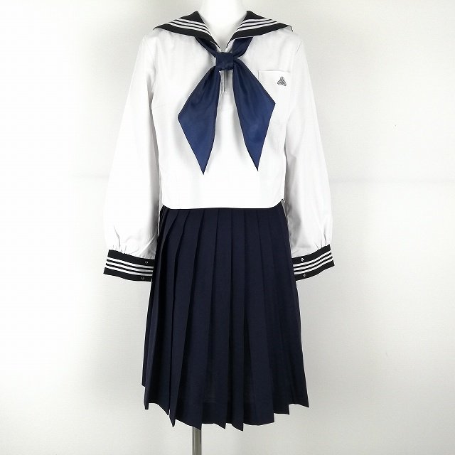 1円 セーラー服 スカート スカーフ 上下3点セット 155A 中間服 白3本線 女子 学生服 広島海田高校 白 制服 中古 ランクC NA8226