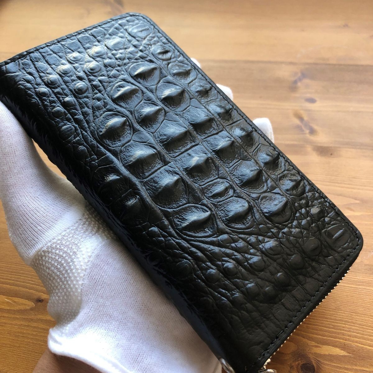 訳あり クロコダイル 長財布 型押し　牛革 メンズ レディース　黒ブラック　ハンドメイド　1円