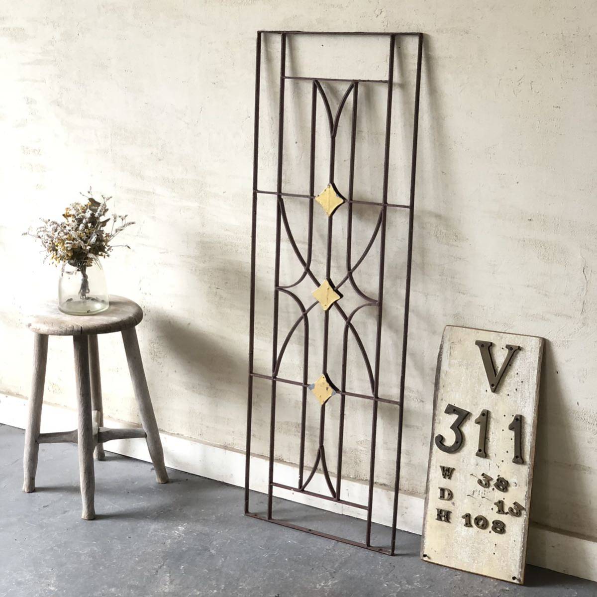 V311●W38×H108 アンティークフェンス ガーデニング ラティス シャビー 古い鉄柵 ブロカント アイアン ビンテージ ゲート 鉄格子 ftg