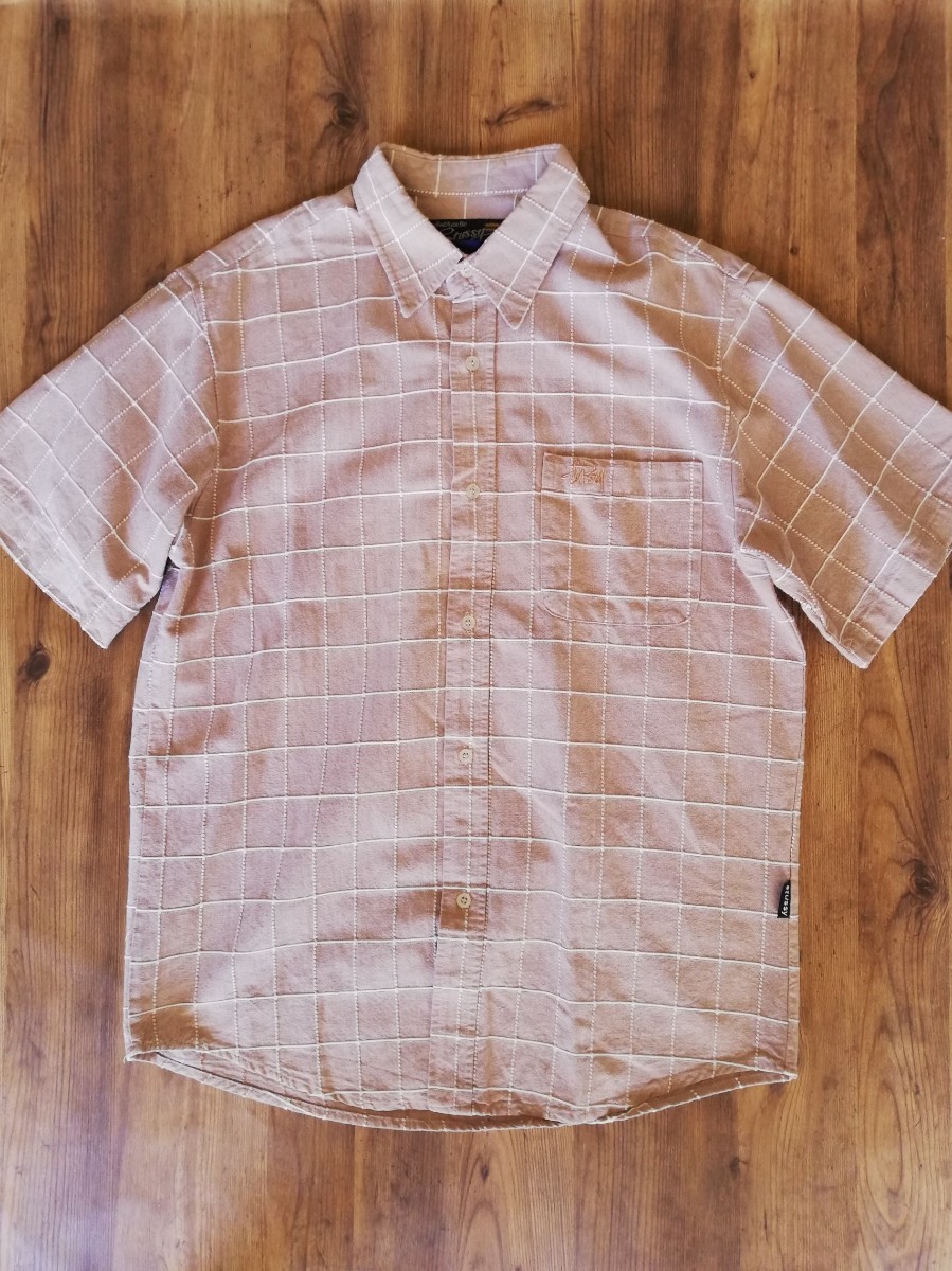 希少クラウンタグ OLD STUSSY 刺繍 半袖 シャツ ベージュ L 