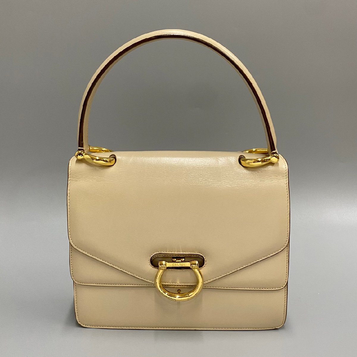 1円 極 美品 レア CELINE セリーヌ ヴィンテージ ロゴ 金具 カーフレザー 本革 ハンドバッグ ミニ トートバッグ ベージュ 23895