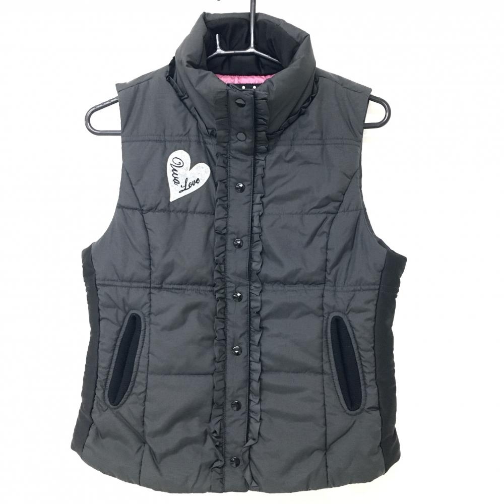 【超美品】ビバハート 中綿ベスト ダークグレー×黒 グレンチェック フリル レディース Ｍ ゴルフウェア VIVA HEART
