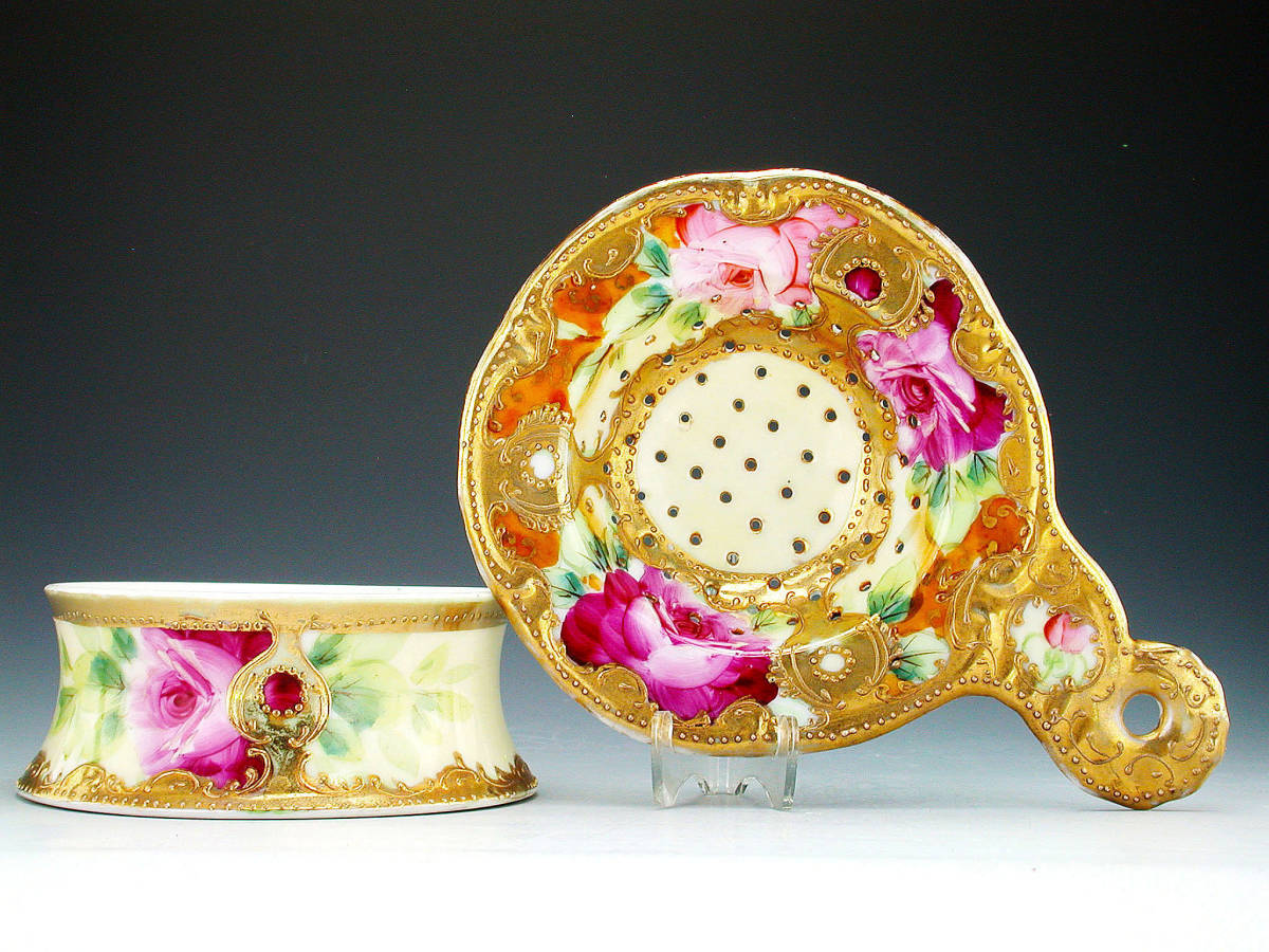 【美品】オールドニッポン アールヌーボー 薔薇紋 金盛り 花瓶 初期オールドニッポン銘品!! オールドニッポン・金盛上陽刻薔薇図紋