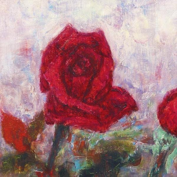 芝田米三 作 油絵「赤薔薇」サイン入り 額 外寸約33cm×43cm 絵画