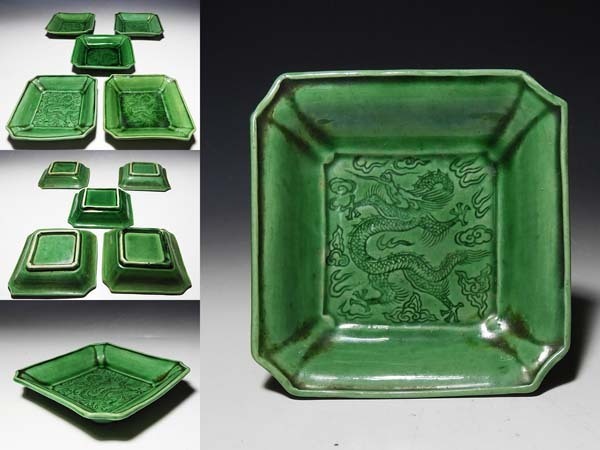 桃】珉平焼緑釉印刻龍図四方小皿 五客 工芸品 アンティーク