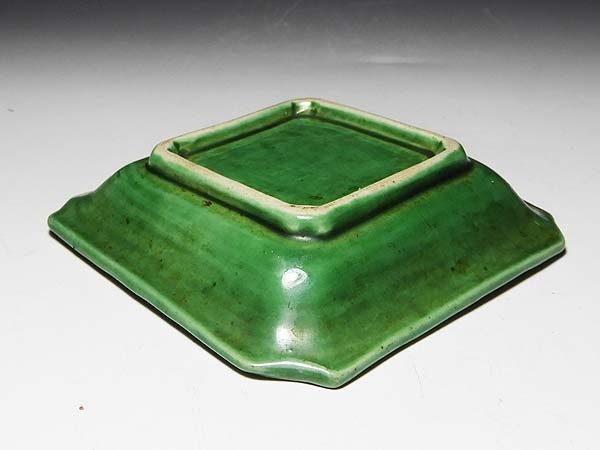 桃】珉平焼緑釉印刻龍図四方小皿 五客 工芸品 アンティーク