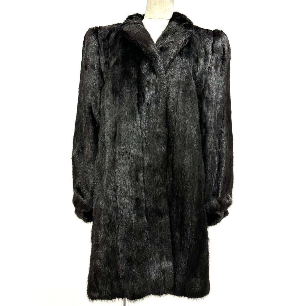 【七福】fk2454 NINA RICCI セミロングコート デザインコート ミンクコート ブラックミンク 貂皮 mink身丈 約 80cm