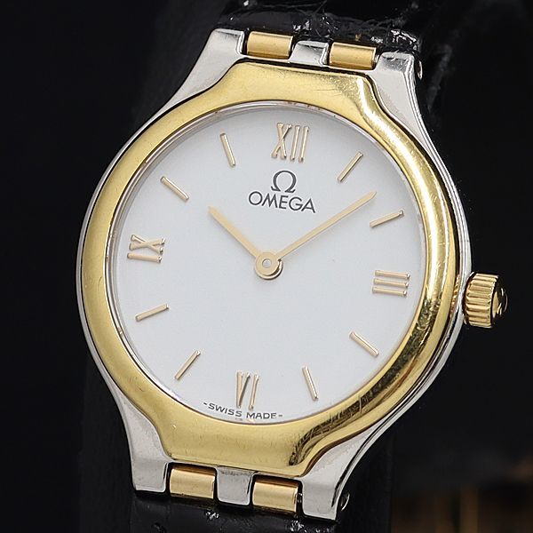 1円 稼働 良品 オメガ デビル 55966806 YG×SS QZ 白文字盤 レディース腕時計 OGH 0983400