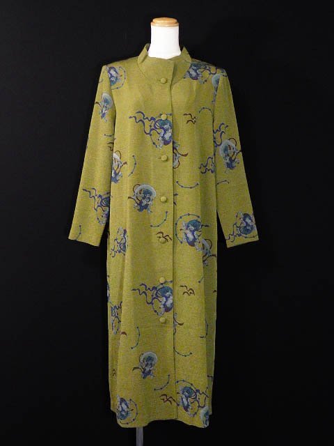 ☆美品☆詩仙堂/ちりめん織り風神雷神柄コート&スカート定価11.1万:黄緑系ys847